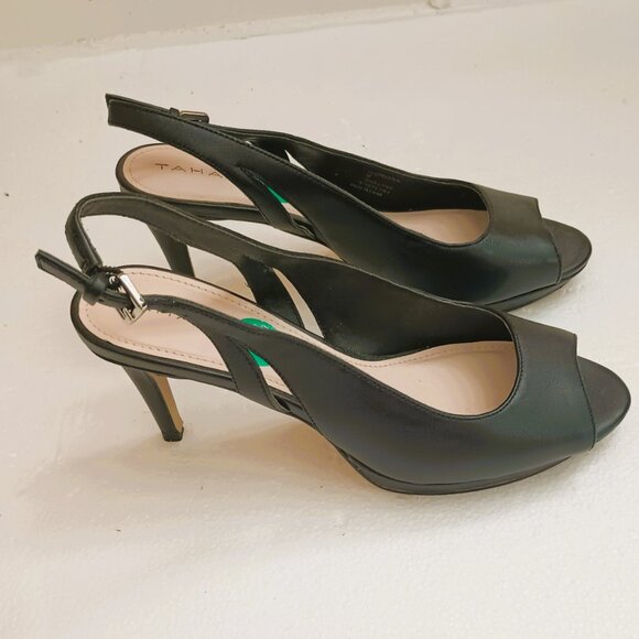 Tahari Gloriann Slingback Heels 8 Black Leather Peep Toe Shoe - Picture 4 of 10